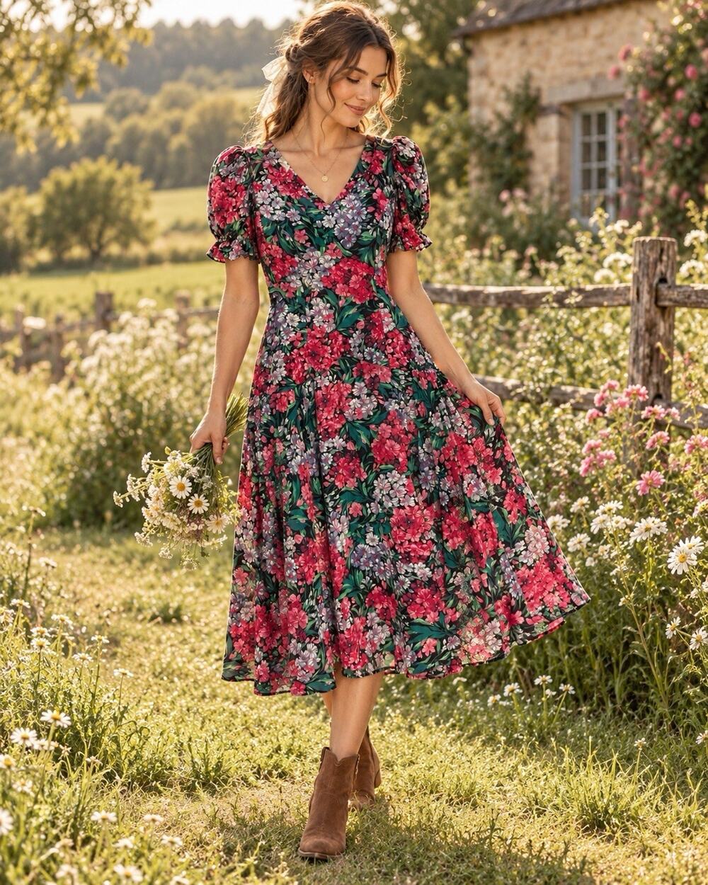 Vintage David Mitchell Prairie Cottagecore Floral Dress Women Sz 7 / 8